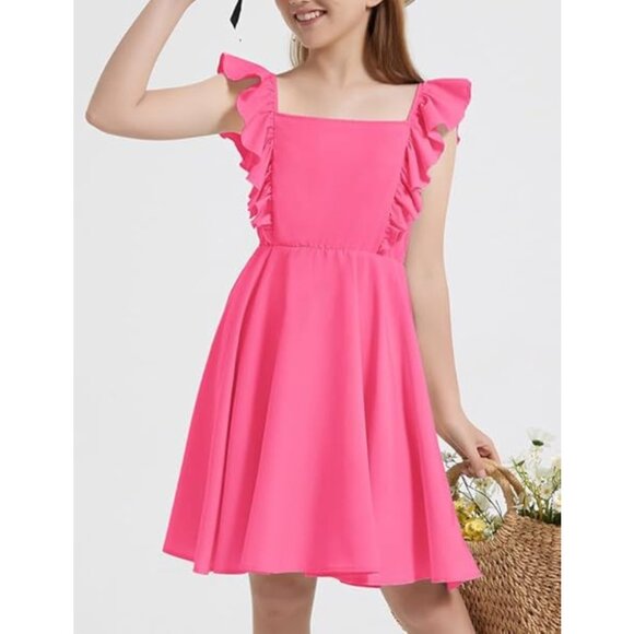 Mebius Girls 14Y Hot Pink Bow Back Square Neck Ruffle Sleeve Preppy A Line Dress - Picture 4 of 12